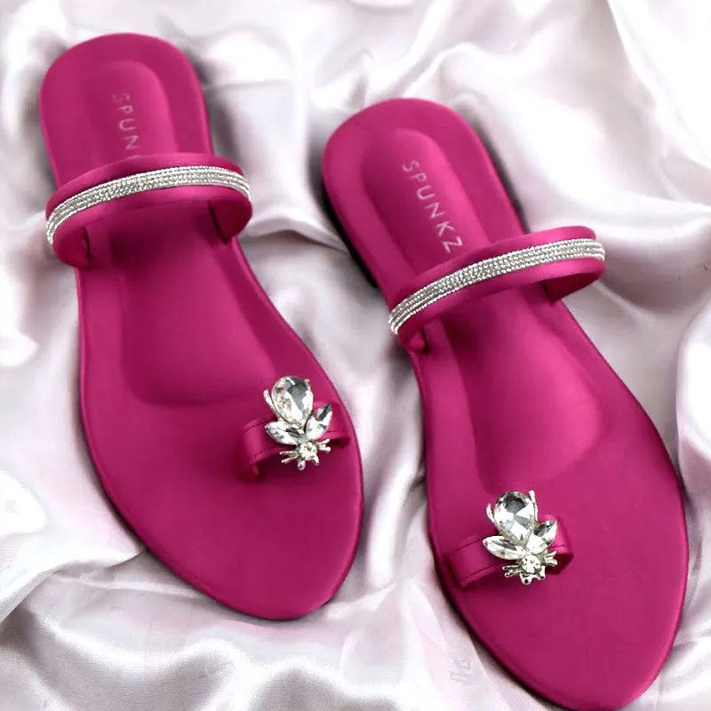 Bee Thong Flats Fancy Rhinestone Strap Padded Sole Slipper