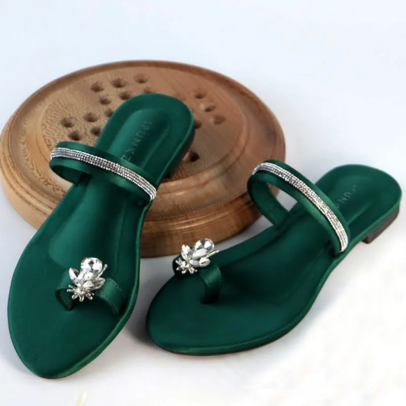 Bee Thong Flats Fancy Rhinestone Strap Padded Sole Slipper