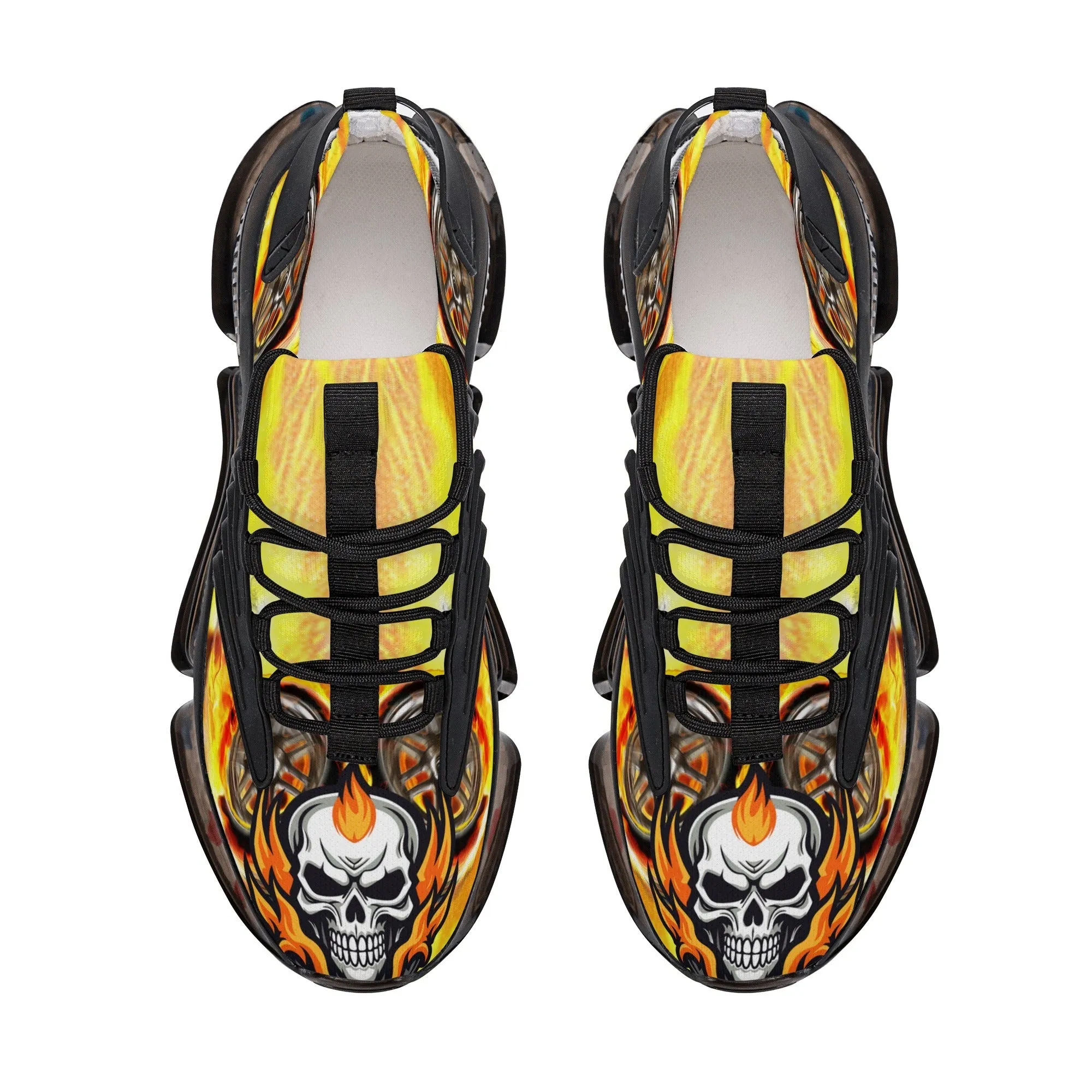 Best Womens Max Air Heel React Sneakers - Yellow Flaming Skull & Wheels HeroicU