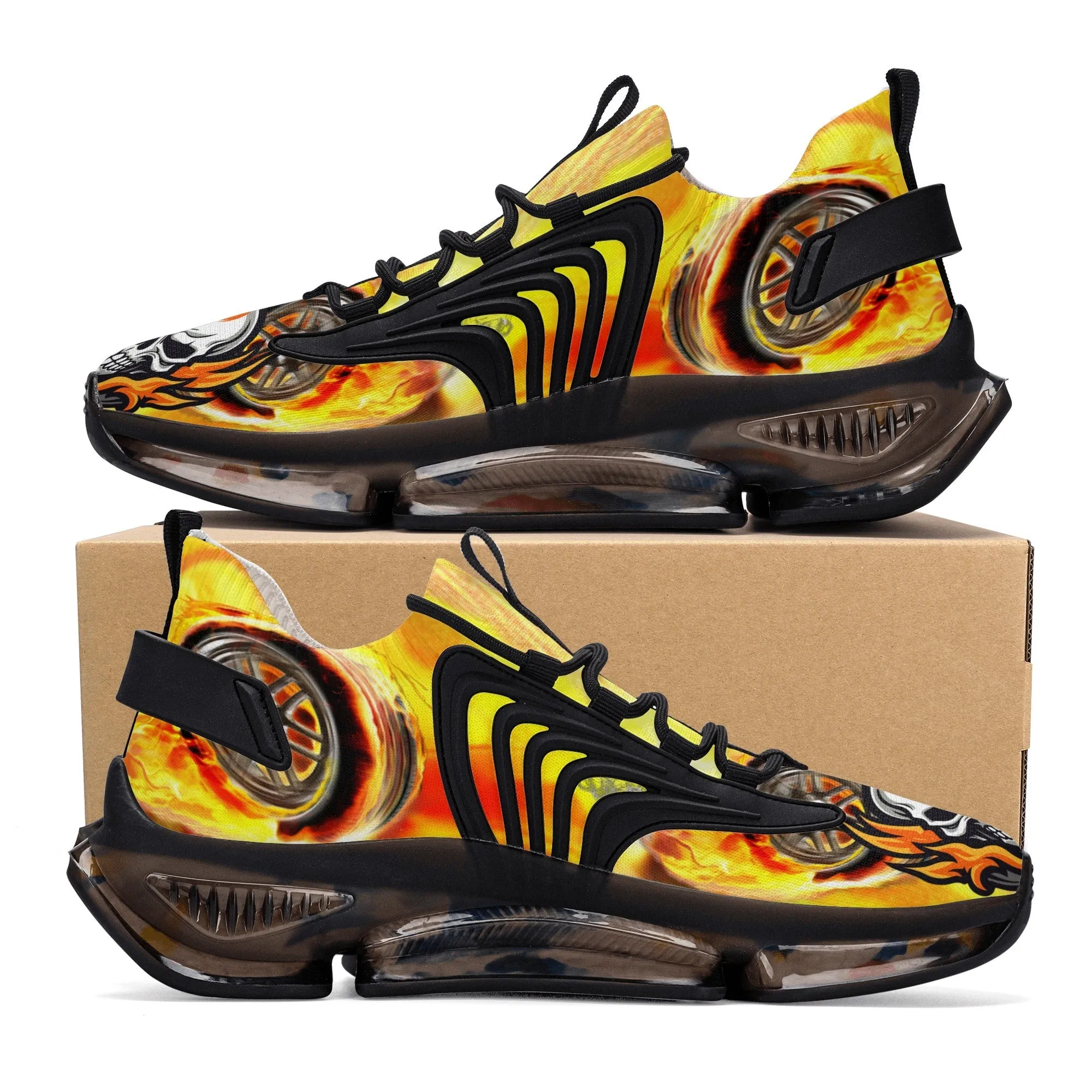 Best Womens Max Air Heel React Sneakers - Yellow Flaming Skull & Wheels HeroicU