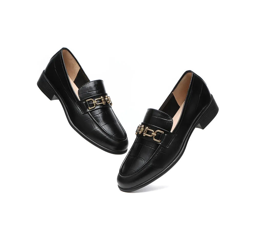 Embossed Leather Loafer Low Block Heels Women Katia