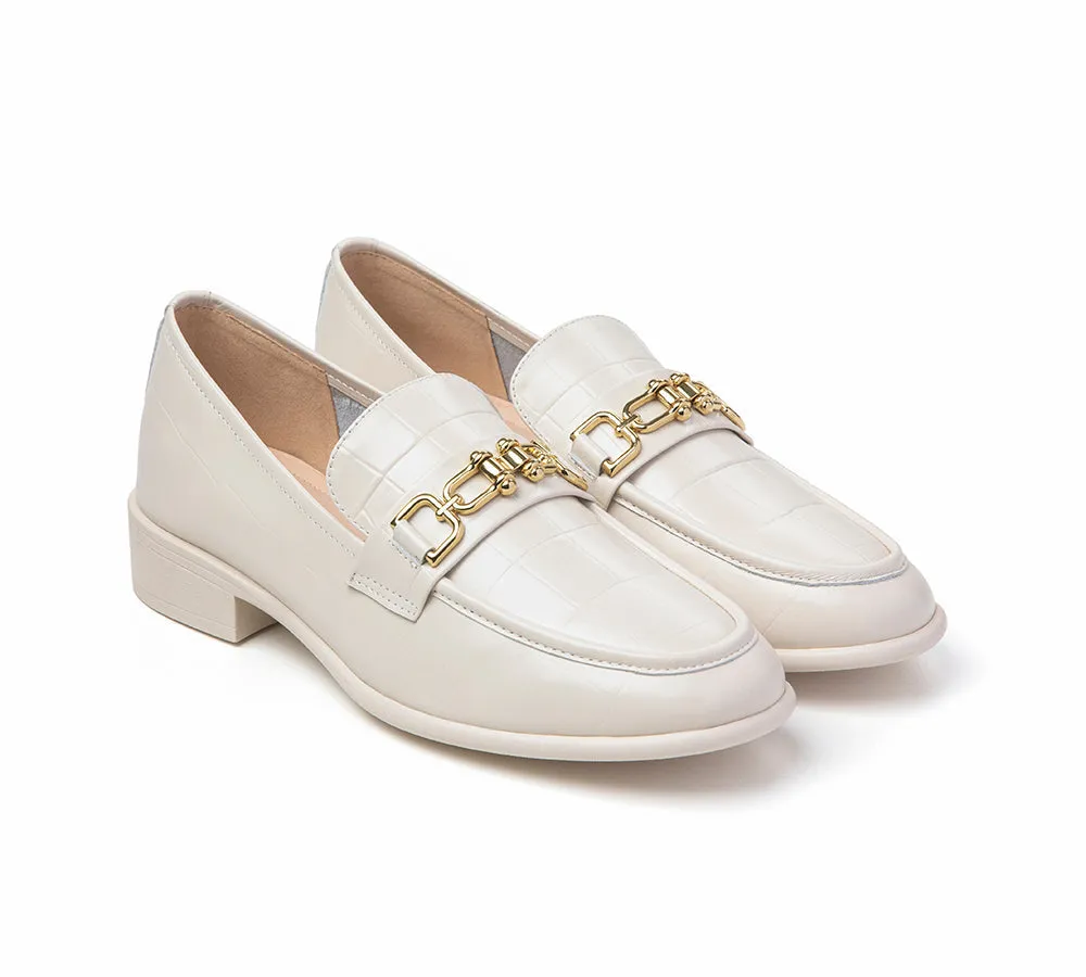 Embossed Leather Loafer Low Block Heels Women Katia