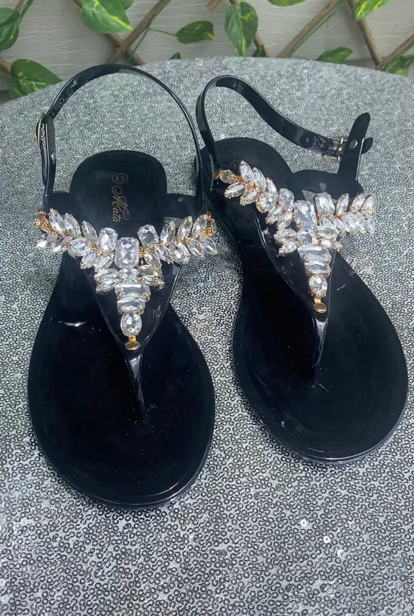 FASHION RHINESTONE SLINGBACK SANDALS BLACK