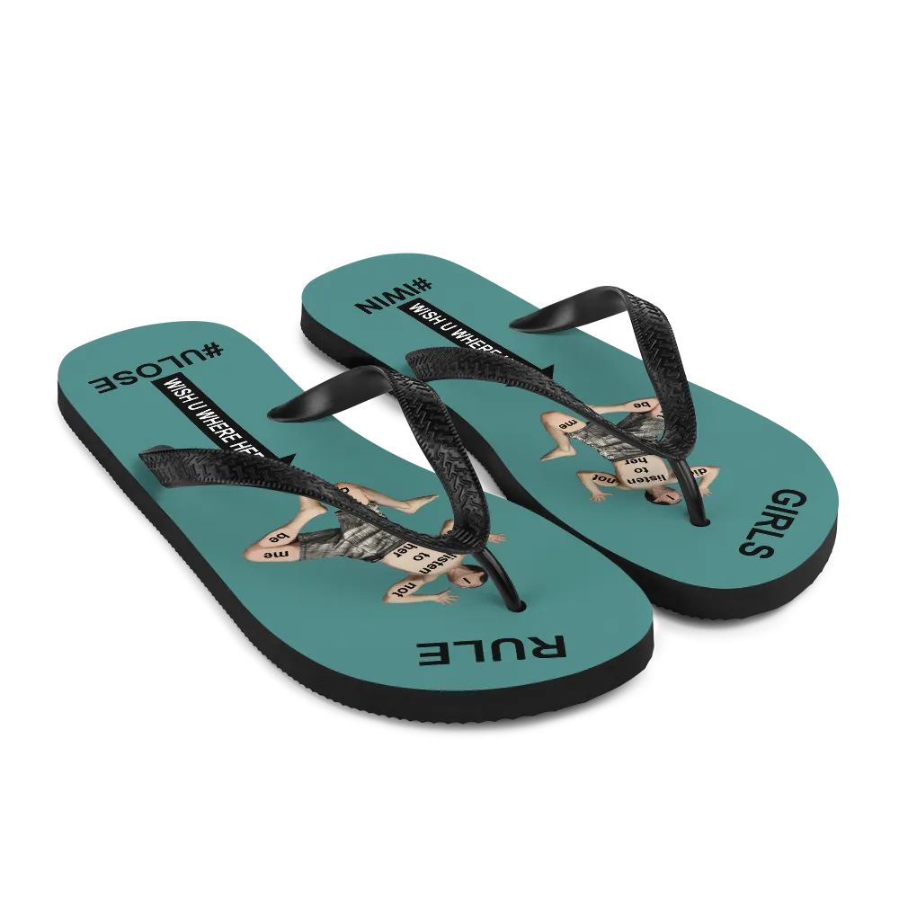 GIRLS RULE flip flops with CRUSHED TINY MAN underfoot teal fabric NEW (2020-05-10)