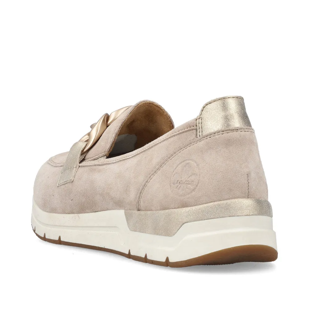 Ladies Rieker Slip On Shoes Rose Gold Buckle Detail Cream Suede 58944-60 sale