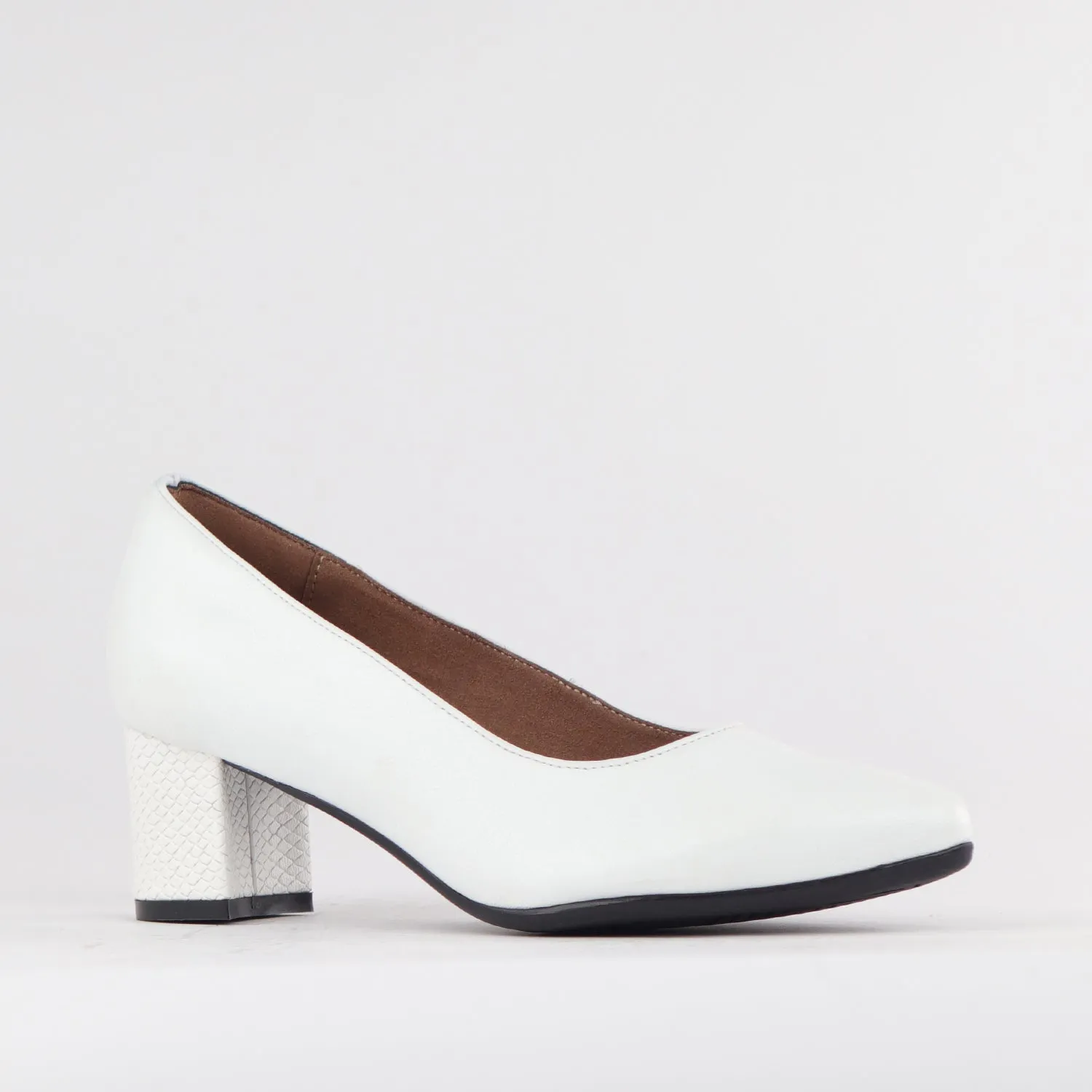 Pointed Block Heel Court Shoes in White - 12604