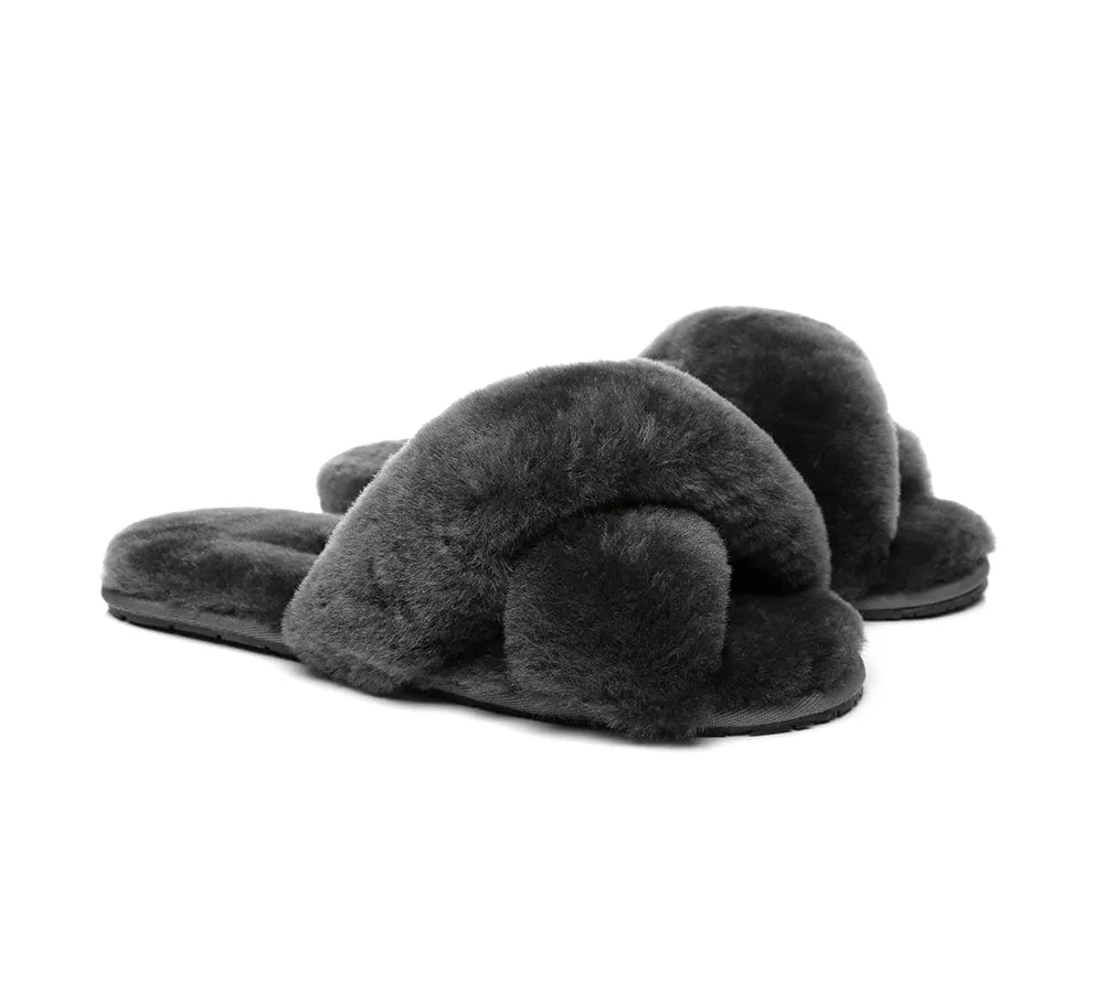 UGG Slides Sheepskin Wool Crossover Fluffy Slides Linty