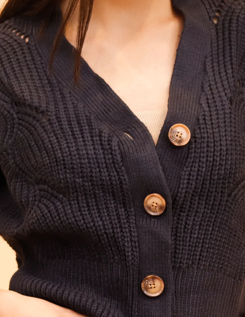 Women Dark Blue V Neck Cardigan