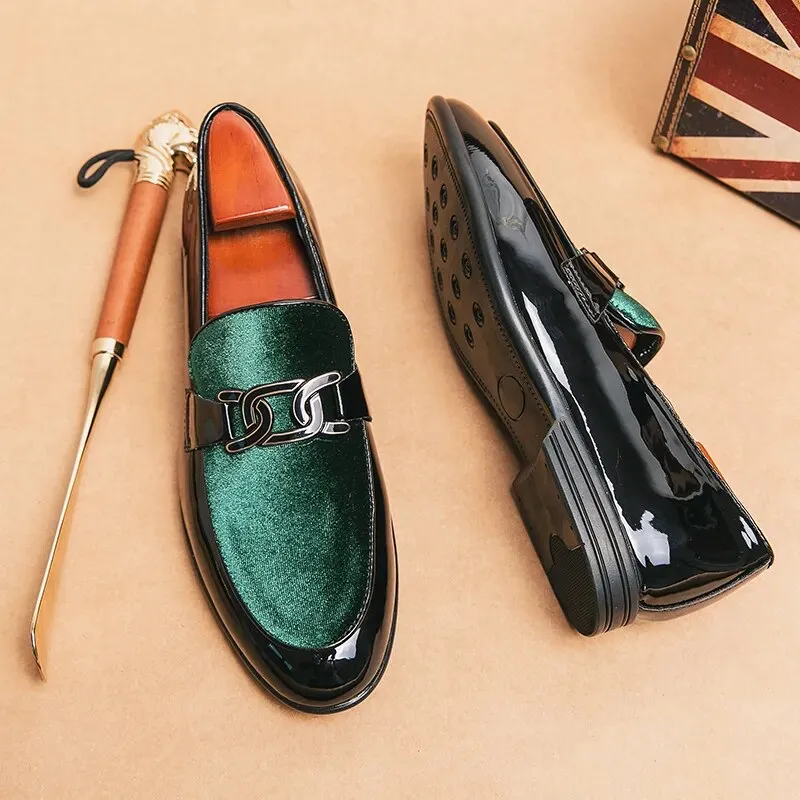 Xituodai  New Wedding Shoes for Men Loafers Green Patent Leather  Slip-On Round Toe Men Dress Shoes Free Shipping Business Size 38-47