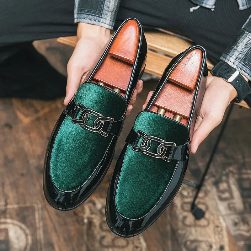 Xituodai  New Wedding Shoes for Men Loafers Green Patent Leather  Slip-On Round Toe Men Dress Shoes Free Shipping Business Size 38-47